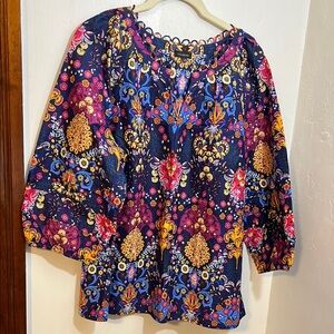Talbots Graphic Puff Sleeve Blouse in Blue and Pink